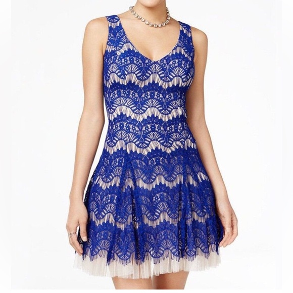 Worn once! Royal Blue Lace Fit and Flare B Darlin Dress - Picture 1 of 9